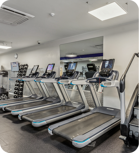 A modern gym with four treadmills lined up side by side in front of a large mirror, a rack of dumbbells to the left, and bright overhead lighting.