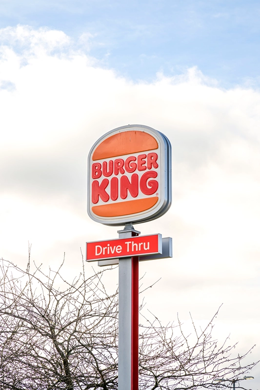 A tall Burger King sign with a Drive Thru label stands against a partly cloudy sky, with some bare tree branches visible at the bottom of the image.