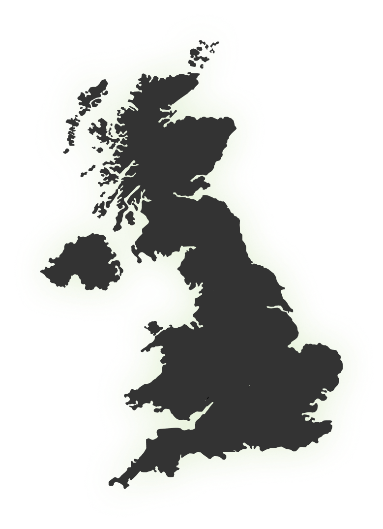 A black silhouette of the island of Great Britain, outlined with thick, colorful, wavy layers of green, yellow, and red on a transparent background.