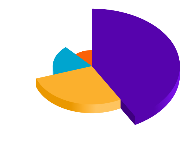 A 3D pie chart with five segments in purple, yellow, orange, blue, and red. The purple segment is the largest, followed by yellow; blue, orange, and red segments are much smaller. No labels or values are shown.