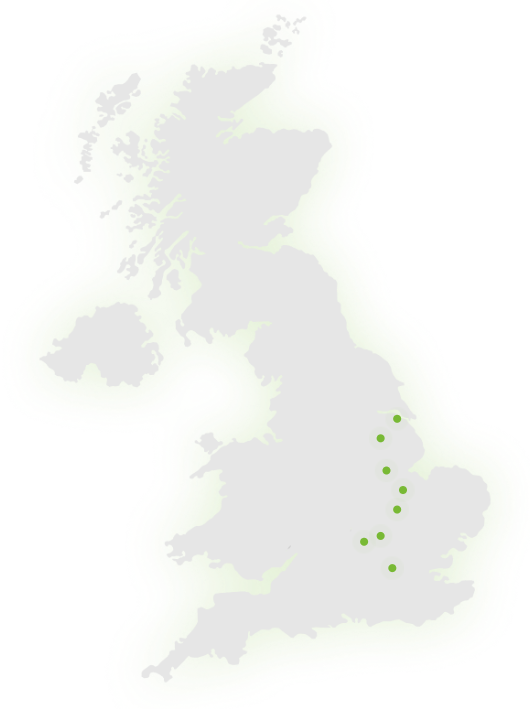 A map of the United Kingdom with seven green dots marking locations in central and southeastern England. The rest of the UK is shown in light grey.