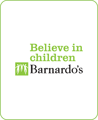 Barnardos logo with green text Believe in children above Barnardos, and a green square with three white figures holding hands on a black background with a thin green border.