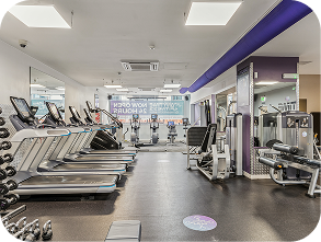 A modern gym with treadmills, weight machines, and free weights. Bright lighting, mirrors on the left wall, and motivational signs on the far wall create an inviting workout space.