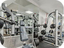 Small gym with various weight machines, a bench press, weight plates, and mirrors on the wall reflecting the equipment. The area appears clean and organized.