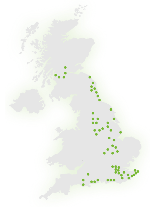 A map of the UK in light gray with numerous green dots marking locations scattered throughout England and parts of Scotland. No text or additional landmarks are shown.