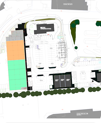 Site plan showing parking areas, building outlines, landscaped zones with trees, roadways, and labeled sections in various colors, indicating different areas or uses within the property layout.