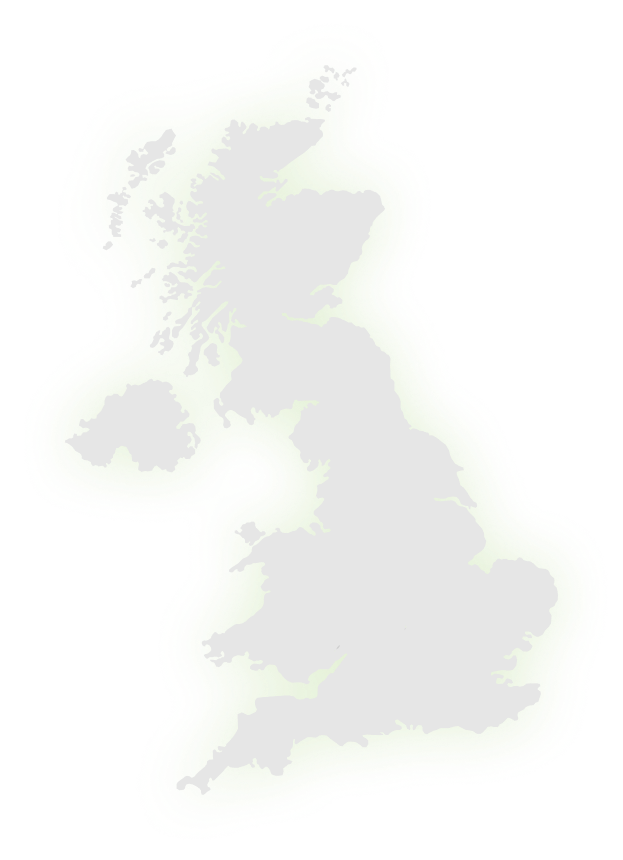A black silhouette of the United Kingdom is outlined by a bright green glowing border, set against a transparent background.