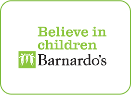 Barnardo’s logo with green text “Believe in children” above black text “Barnardo’s,” next to an icon of three white figures holding hands on a green square background, all within a black rectangle with a green border.