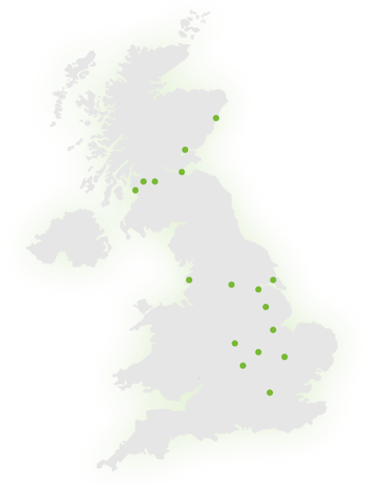 A grey map of the United Kingdom with fifteen green dots marking various locations across England and Scotland. No place names or other labels are shown.